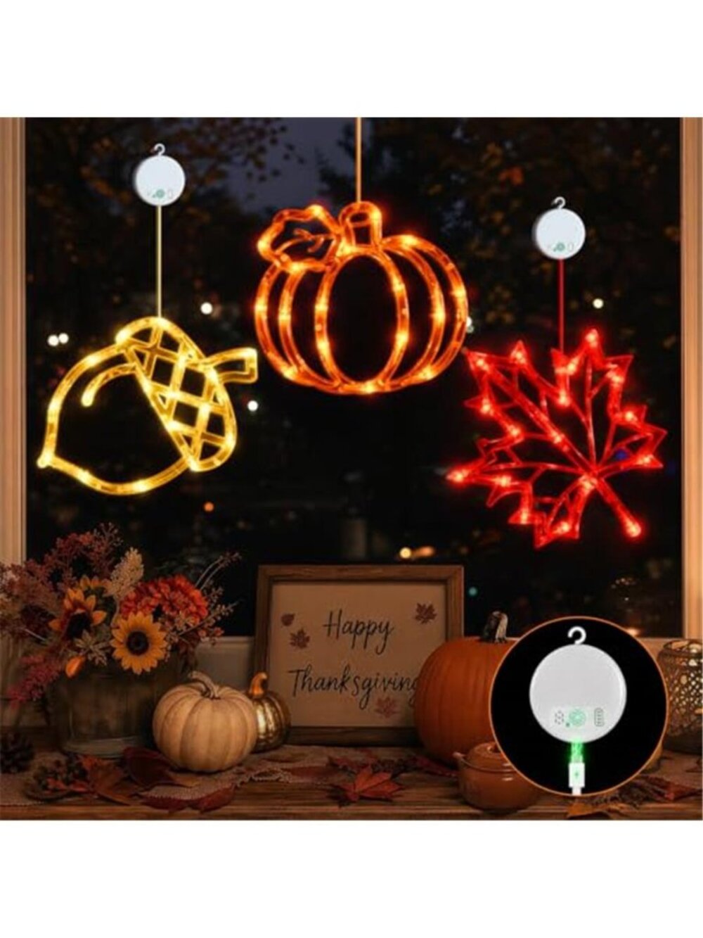 Acorn Maple Leaves Pumpkin Thanksgiving Lights, 3 Pack Rechargeable